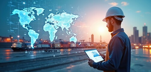 Engineer in hard hat uses digital tablet. Tracks global cargo logistics on glowing world map overlay. Busy port with ships, containers, city skyline fills background. Smart technology manages
