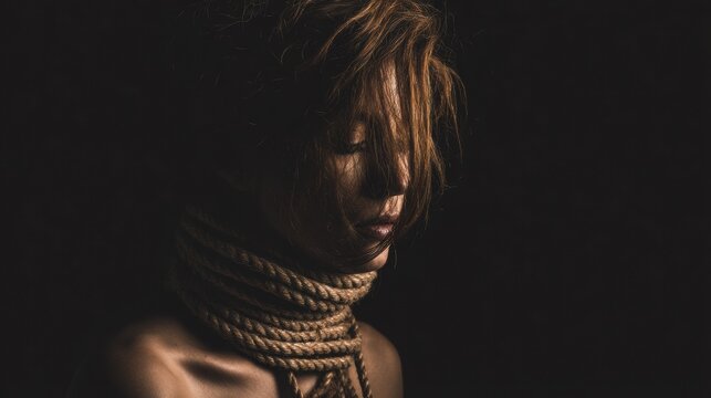 Tangled Rope Symbolizes Mental Limitation and Insecurity in Dark Setting