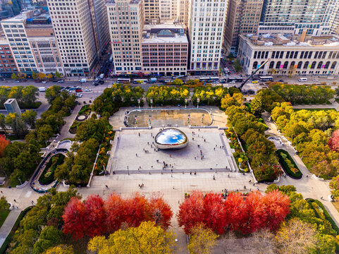 Aerial Drone View of Cloud Gate Chicago Bean Reflecting Downtown Skyline&rdquo; November 6, 2025 