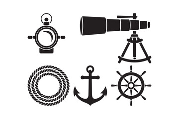 Naklejka premium Nautical themed collection of maritime voyage icons and explorer equipment