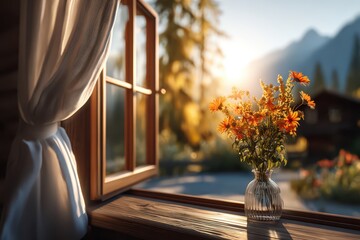 A beautiful view through a cabin window with orange flowers in a vase on the wooden windowsill, looking out to a mountain landscape bathed in warm sunlight.