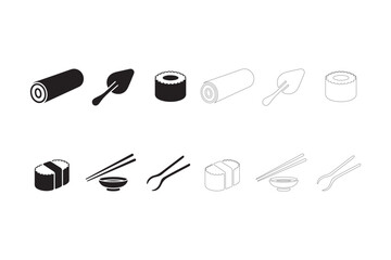 Sushi and japanese food icons set with chopsticks spatula and rolls outlined