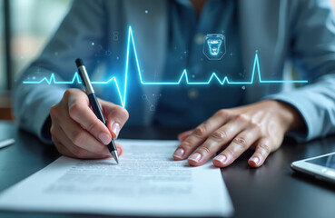 Businesswoman signs contract with digital medical interface overlay. Person reviews document with futuristic heart rate graph. Focus on agreement process in healthcare sector.
