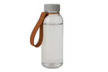 Reusable glass water bottle full of water with a sleek leather strap, promoting hydration and eco-friendly lifestyle, transparent background