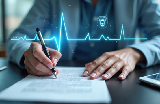 Businesswoman signs contract with digital medical interface overlay. Person reviews document with futuristic heart rate graph. Focus on agreement process in healthcare sector. - Powered by Adobe