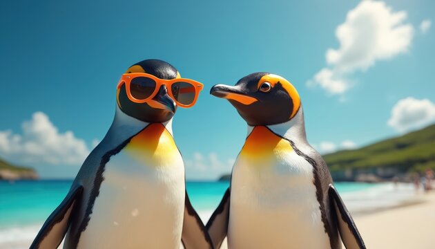 Two penguins wear sunglasses on a sunny beach. They look at each other and pose for a photo. Birds enjoy a summer vacation by the blue ocean waves.