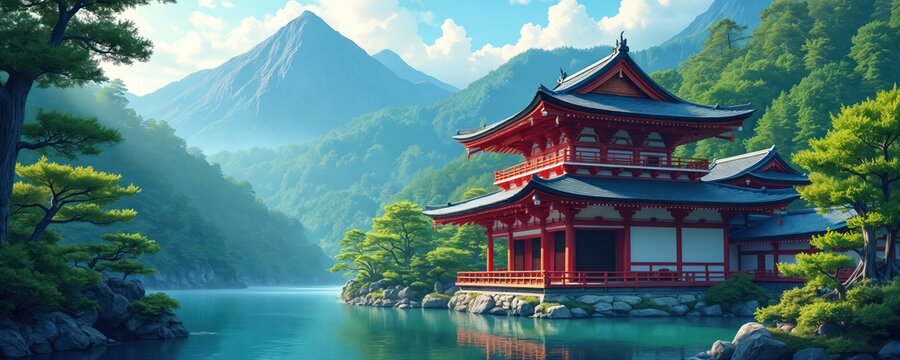 Red japanese temple in serene landscape. Pagoda style building on lake shore surrounded by green trees, mountains. Traditional asian architecture in peaceful natural setting with calm water, misty