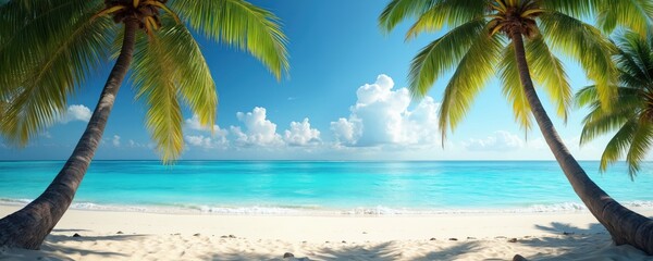 Palm trees frame a pristine white sand beach and clear turquoise ocean under a bright blue sky with scattered clouds, inviting a sense of tropical paradise and summer relaxation.