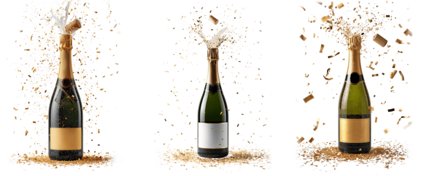 Bottle of champagne and confetti isolated on transparent background