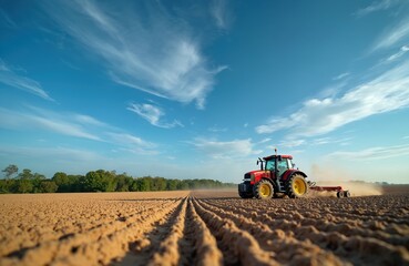 Obraz premium Red farm tractor cultivates brown field under blue sky. Machine prepares soil for planting crops. Dust rises from tillage work in rural landscape. Farmer manages agribusiness operation for food