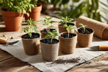 A close-up of young tomato seedlings in burlap pots, set on a rustic wooden table, showcasing a healthy and vibrant start to gardening, with natural light highlighting their growth.