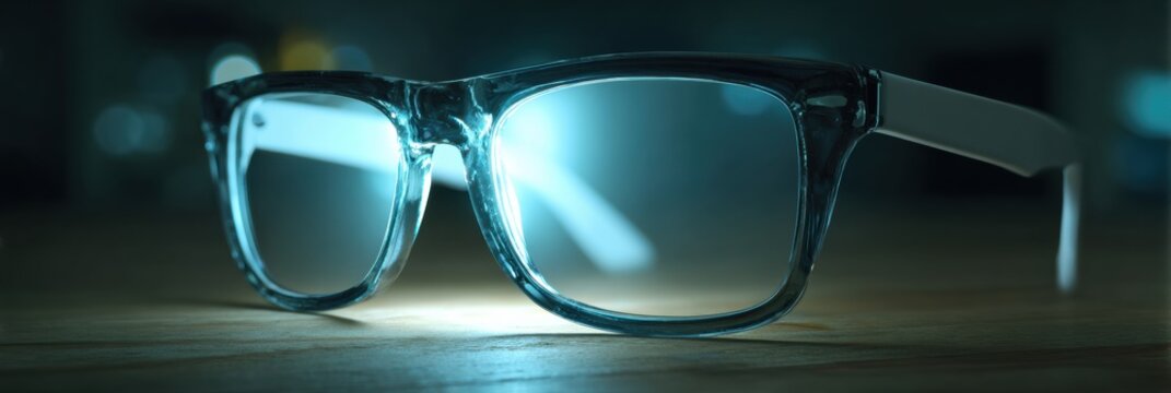 Glowing Anti-Blue-Light Glasses Illuminated on a Tech-Inspired Surface in a Modern Setting
