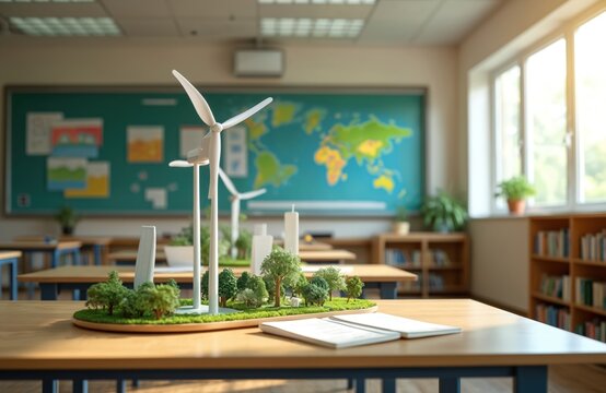 Classroom desk displays detailed model of wind turbines, trees, buildings. Large world map, charts on green chalkboard. Setup teaches students about renewable energy, eco tech, sustainable future.