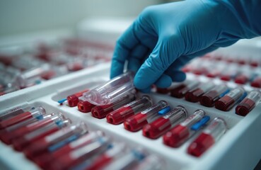 Medical worker gloved hand picks up vacutainer from tray of blood samples in lab. Healthcare pro prepares patient specimens for analysis and testing. Clinical diagnostic research.