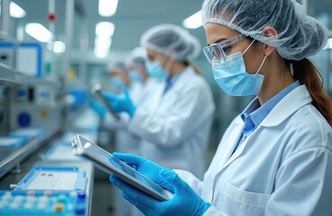 Female employee in cleanroom inspects modern pharmaceutical production line. Uses digital tablet for data entry. Person wears mask, safety glasses, gloves, lab coat, hairnet for full protection.