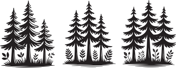 Monochrome Conifer Tree Groups in Graphic Woodcut Style

