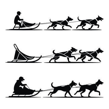 Dog Sledding Vector Illustration Set &ndash; Winter Sport Silhouette, Husky Team and Sled Rider, Arctic Adventure, Cold Weather Travel, Outdoor Expedition and Snow Exploration Design Art