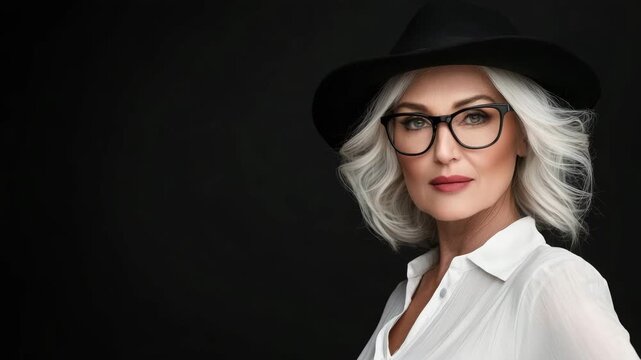 Stylish woman with glasses and white blouse poses confidently against dark background during a portrait session
