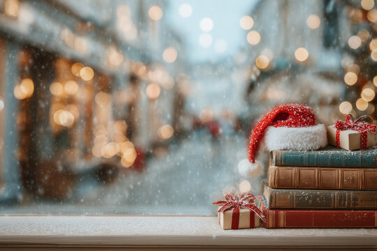 Cozy books on a window sill adorned with festive decorations and a Santa hat during a winter holiday setting