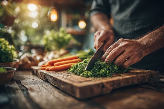 Close-up on chef chopping fresh herbs on a wooden board with carrots around, preparation for cooking healthy vegetarian dish with organic garden ingredients. - Powered by Adobe