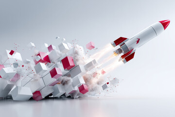 A rocket is dramatically launching through cubes, symbolizing innovation and creativity in business. This scene captures the excitement of new ideas taking flight and achieving success