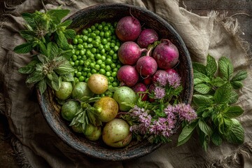 A rustic bowl filled with fresh garden vegetables, featuring vibrant green peas, colorful beets, tomatillos, mint, and clover flowers on a burlap background.