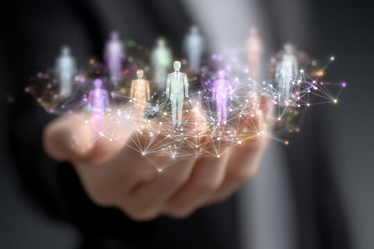 Hand holding digital network of customer profiles and business connections in modern marketing environment - Powered by Adobe