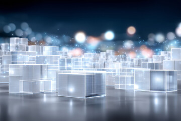 This scene features a high-tech warehouse filled with glowing, transparent packages, reflecting innovation in logistics and automation at night. Connectivity and motion are evident