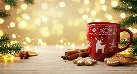 Cozy Christmas Still Life with Red Snowflake Mug, Gingerbread Cookies, and Warm Bokeh Lights
