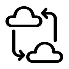 This icon visually represents the seamless transfer of data between two cloud servers- ideal for illustrating cloud synchronization or data migration processes. It's perfect for tech-related.