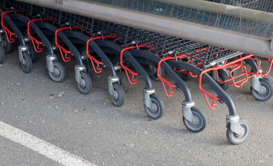 The shopping carts in a supermarket