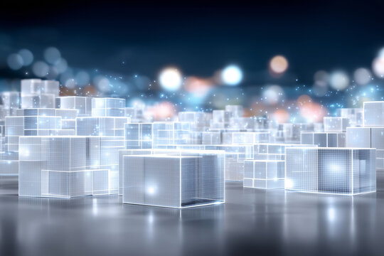 This scene features a high-tech warehouse filled with glowing, transparent packages, reflecting innovation in logistics and automation at night. Connectivity and motion are evident