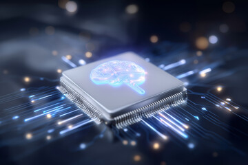 A digital technology chip showcases a glowing brain design, emphasizing the connection between neuroscience and artificial intelligence. This creative representation highlights future innovations