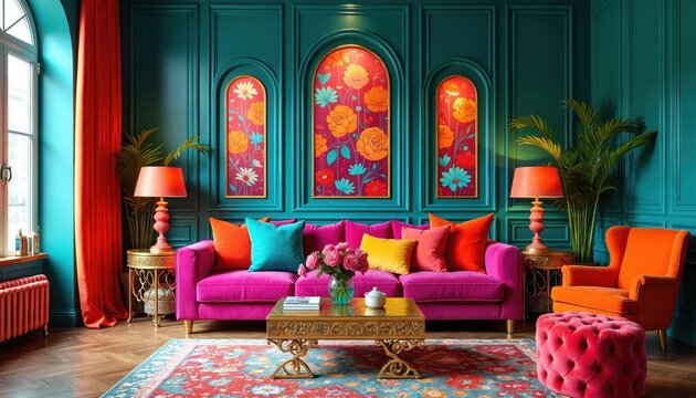Vibrant living room maximalist interior design style. Fuchsia velvet sofa, orange armchair, colourful cushions fill lavish space. Teal paneled walls feature three floral arched artworks. Patterned
