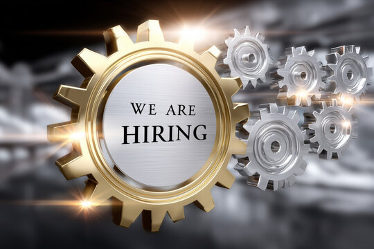 We are hiring sign with gears symbolizing teamwork in recruitment for various job opportunities in the industry