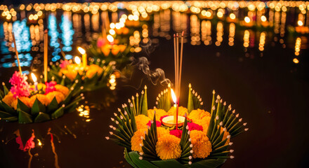 Marigold Krathongs floating with incense on river at night, concept of traditional celebrations.