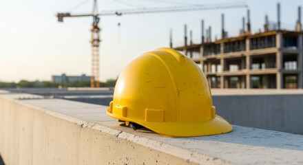 Construction Site Safety: A yellow hard hat rests prominently on a concrete barrier, overlooking a bustling construction site with a crane, and a partially built structure.
