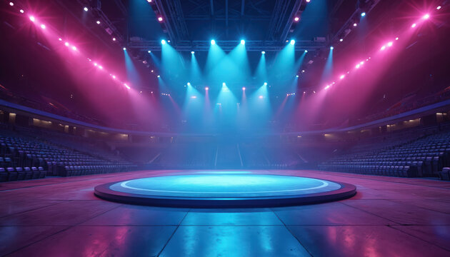 Empty arena stage glows with bright blue and pink lights. Rows of seats surround the circular platform. Dramatic stadium setting awaits performance. Energetic sports event atmosphere.