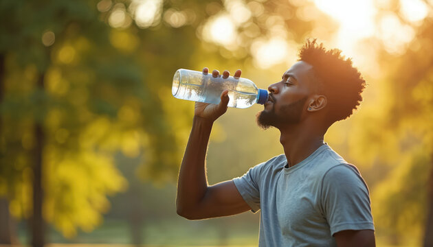 Young black man drinks water from bottle after workout in park. Man replenishes fluids, relaxes, feels refreshed outdoors during sunny day, breathes fresh air. - Powered by Adobe