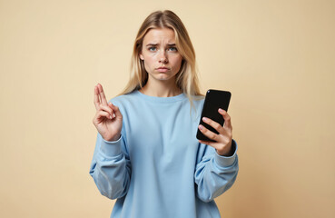 Fototapeta premium Young blonde woman holds modern smart phone, crosses fingers for good luck. Looks worried, sad, feels anxious stressed. Girl hopes for positive news, important call message. Person waits for good