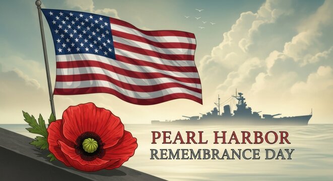 Illustration dedicated to Pearl Harbor Remembrance Day on December 7, featuring the American flag, a red poppy, and a warship silhouette. National memory