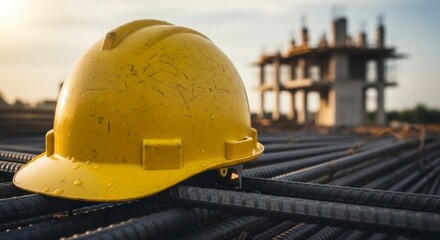 Construction Safety: A yellow hard hat rests prominently amidst the rebar of a construction site, with a building framework in the blurred background, symbolizes safety, hard work, and progress.