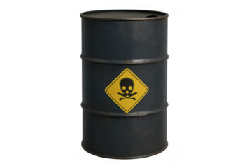 Dark gray industrial drum barrel featuring skull and crossbones biohazard symbol, indicating toxic waste and danger, transparent background