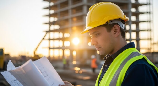 Architect on Site: An architect, clad in a safety vest and helmet, reviews blueprints at a construction site against a backdrop of a rising sun, embodying determination and construction ambition.
