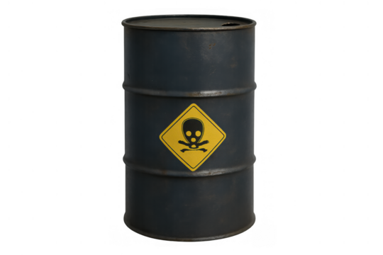 Dark gray industrial drum barrel featuring skull and crossbones biohazard symbol, indicating toxic waste and danger, transparent background