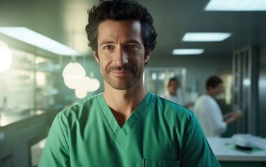 Fototapeta premium Male doctor smiling in a modern medical facility.