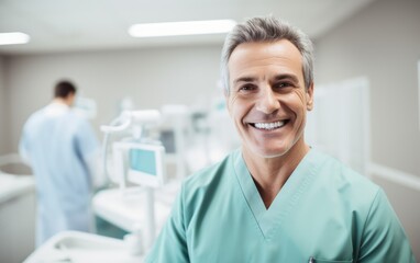 Fototapeta premium Smiling male dentist in modern dental clinic.
