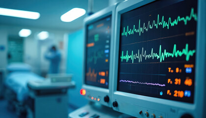 Medical monitors in ICU setting display vital signs. Patient monitoring equipment shows heart rate and other health metrics. Hospital room with medical staff in background.