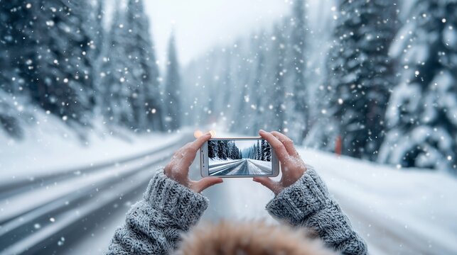 Capturing a snowy road through a smartphone in a winter wonderland