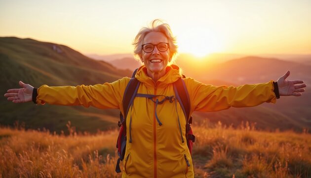 Senior woman opens arms at sunset. Active mature lady enjoys view on hike. Old female smiles in nature, mountains landscape on horizon. Healthy lifestyle for retirees. Backpack trip on golden hour